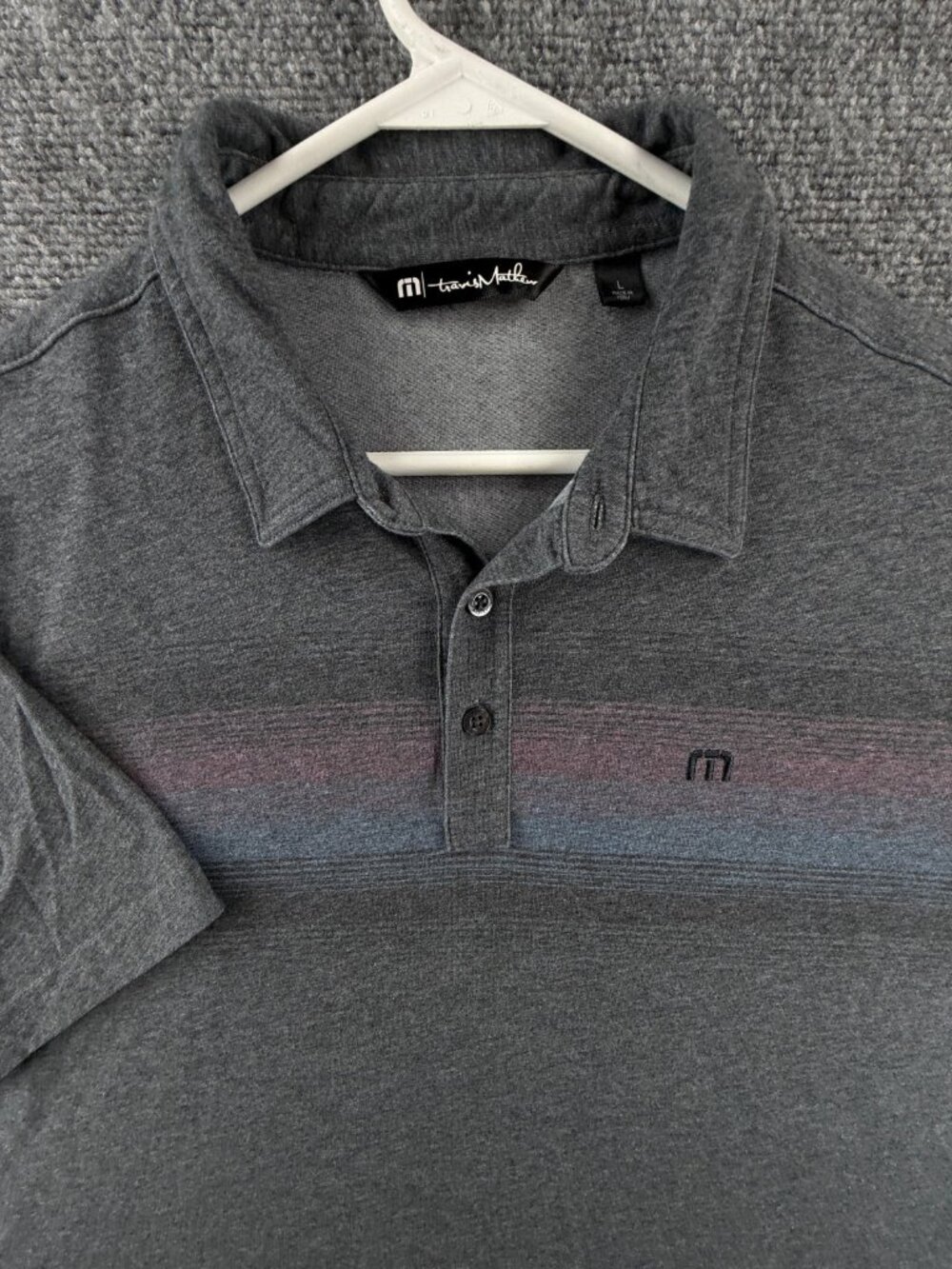 Travis Mathew Gray Polo Shirt Men Large Peru Cotton Blend Logo Short Sleeve